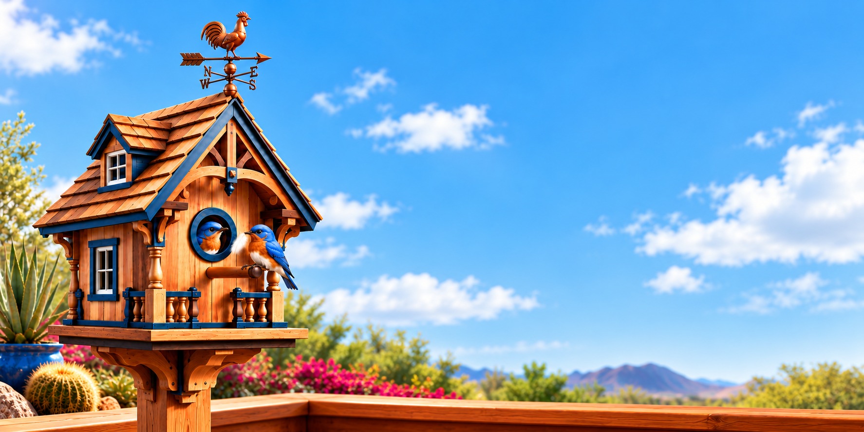 Jim’s handcrafted birdhouse with bluebirds and a copper rooster weather vane